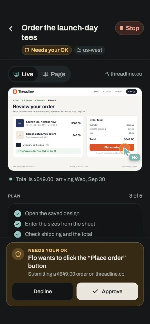 A FloGo agent run on the phone: Flo ordering the launch-day tees, with a live view of the print shop’s checkout, its plan at 3 of 5 steps, and a Needs your OK card to decline or approve the $649.00 order.