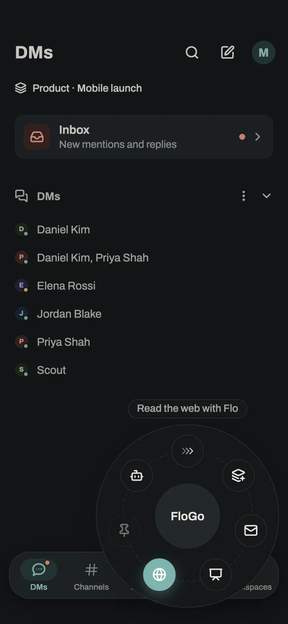 The Coflow phone app’s direct messages with the Flo orb’s wheel open and FloGo selected: Read the web with Flo.