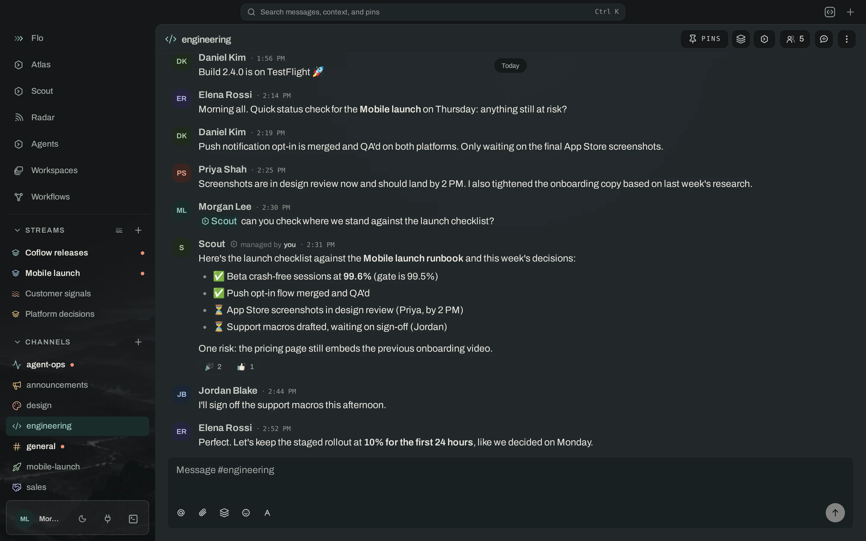 The Coflow desktop app: an engineering channel where teammates and Scout, an agent, check the mobile launch against its runbook, with streams and colored channels in the sidebar.